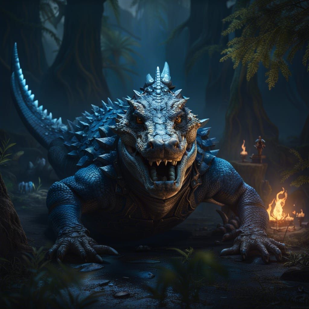 Crocodilian Viking with Blue Flame Eyes, Digital Art