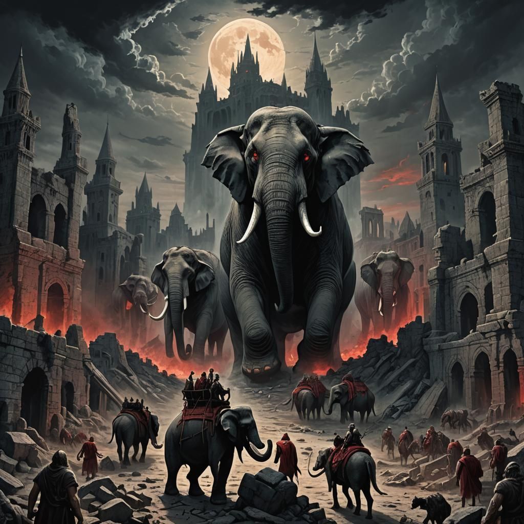 Elephant Horses Invade Ruined City in Dark Fantasy