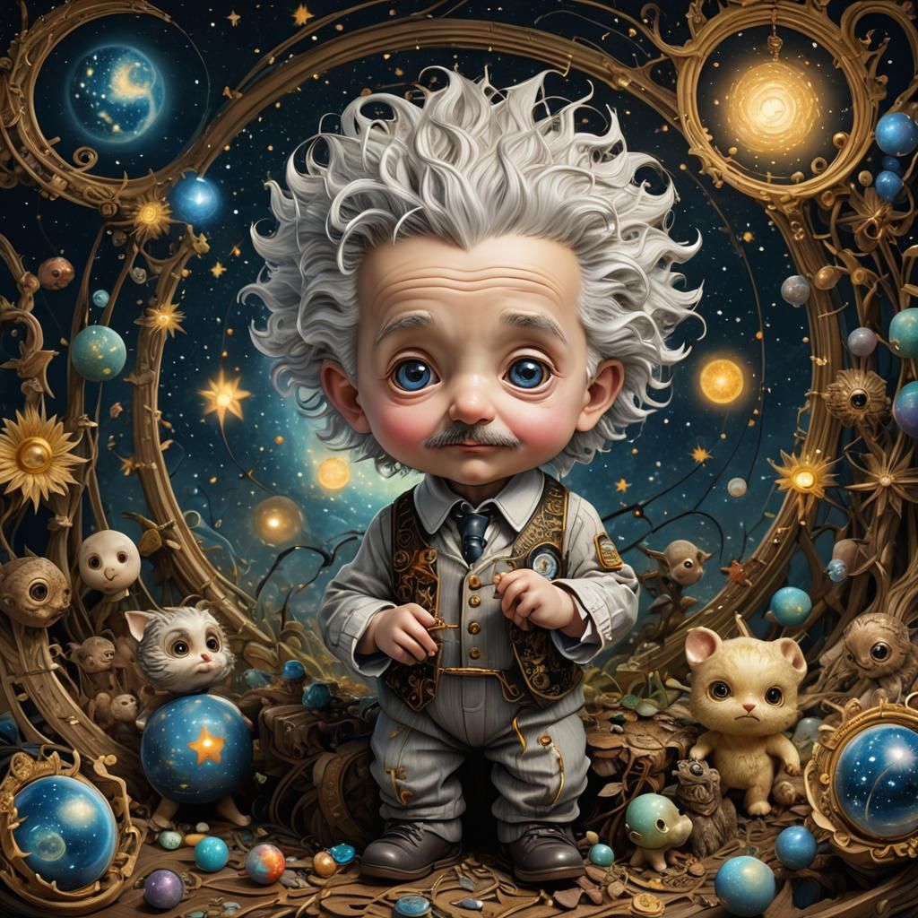 Chibi Einstein in Starry Night, Surreal Digital Art