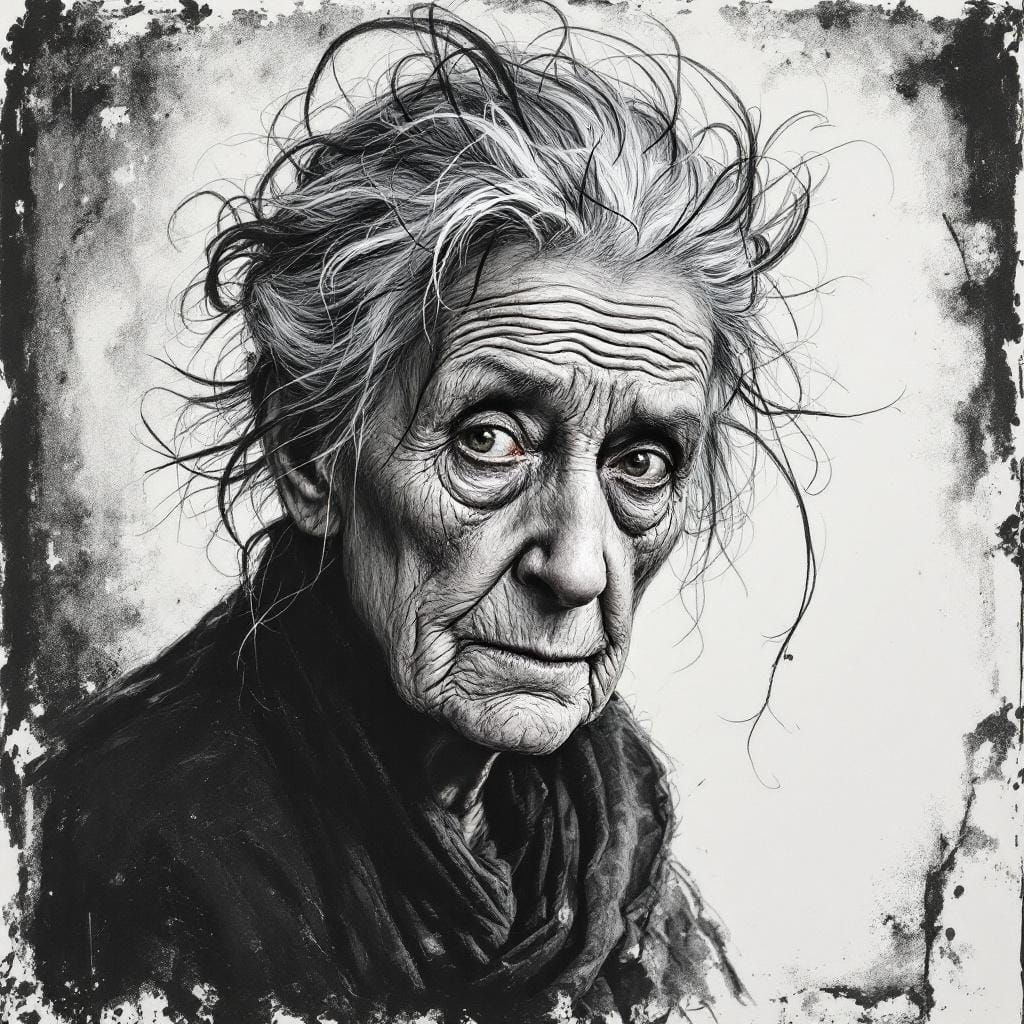 Elderly Woman's Portrait in Charcoal Drawing Style