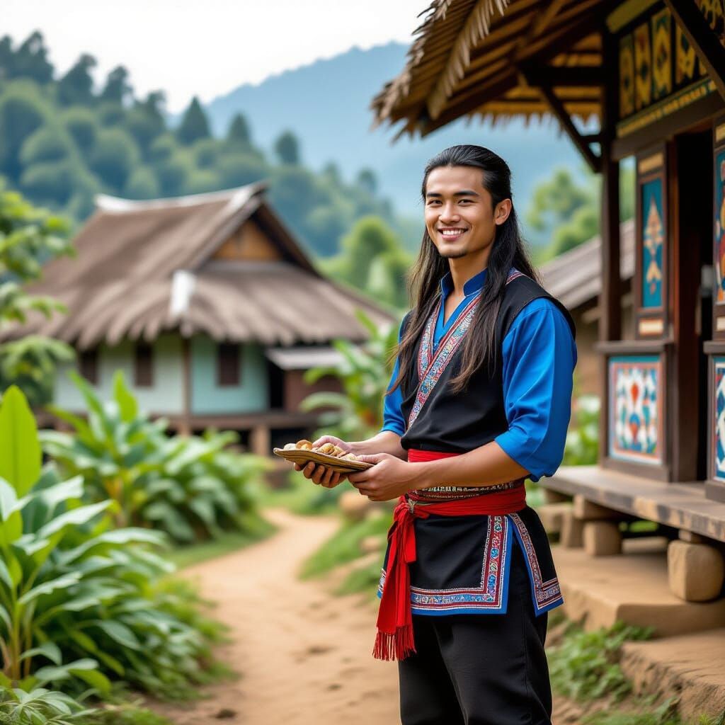 Hmong Man in Traditional Dress in Lush Village