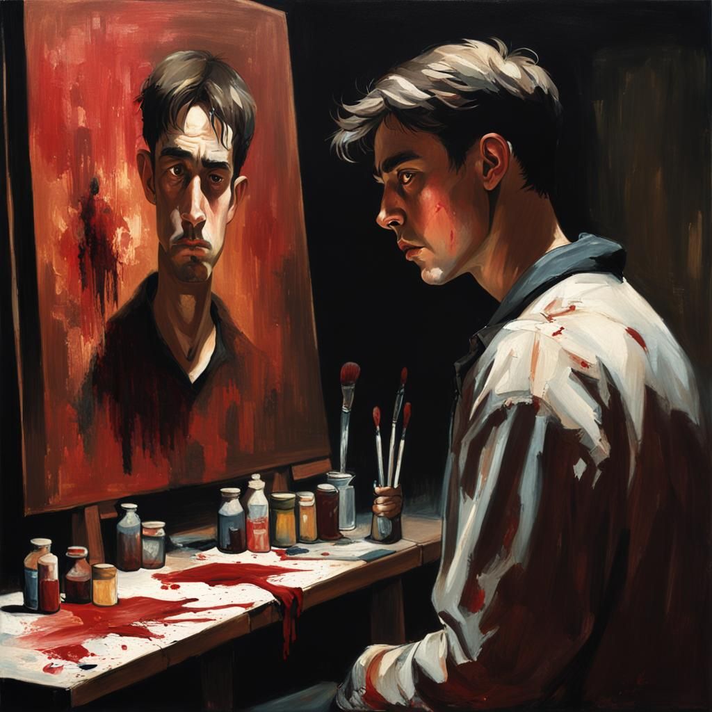 Intense Portrait: Painting with Blood in Dark Room