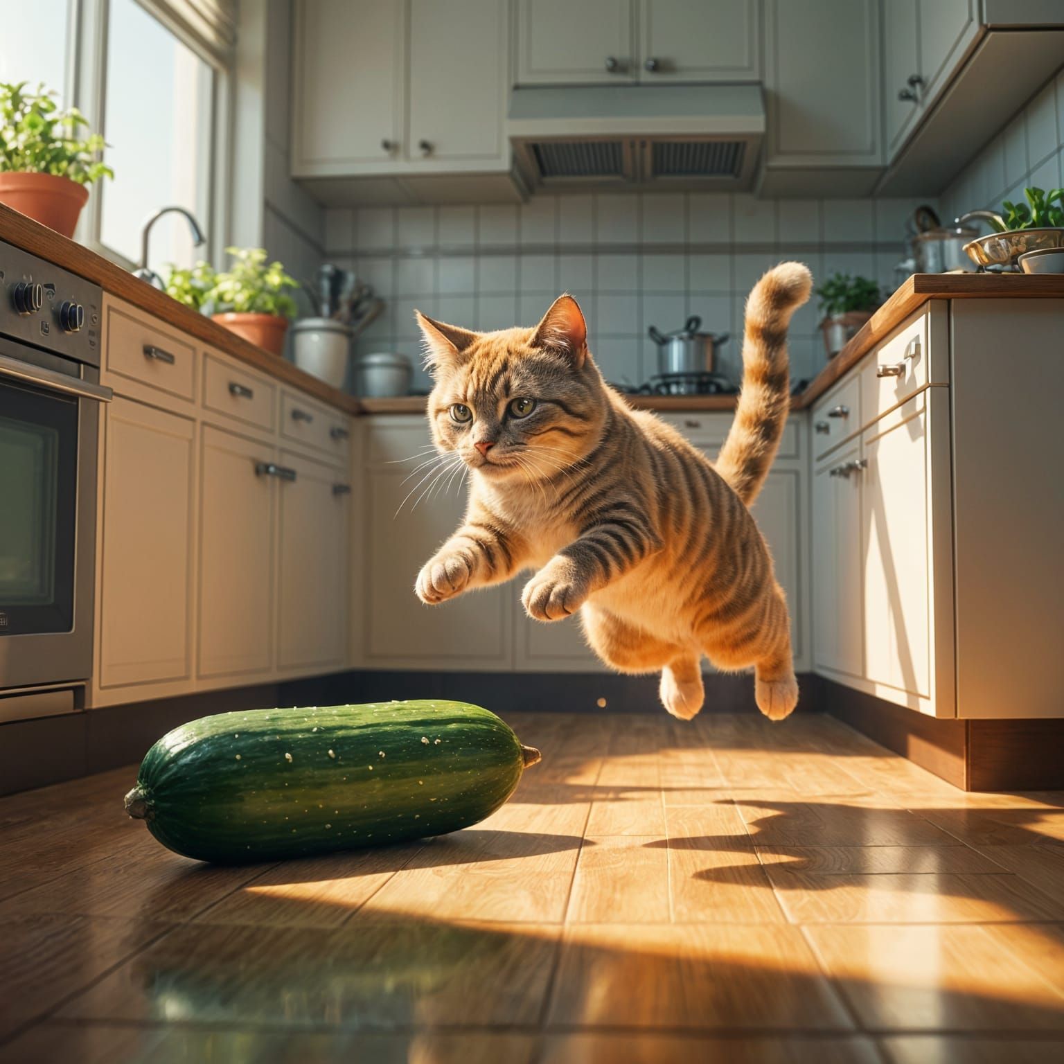 Cat Scared of Cucumber in Modern Kitchen