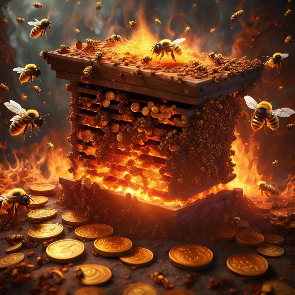 Bees Flee Burning Hive with Coins: Fantasy Art