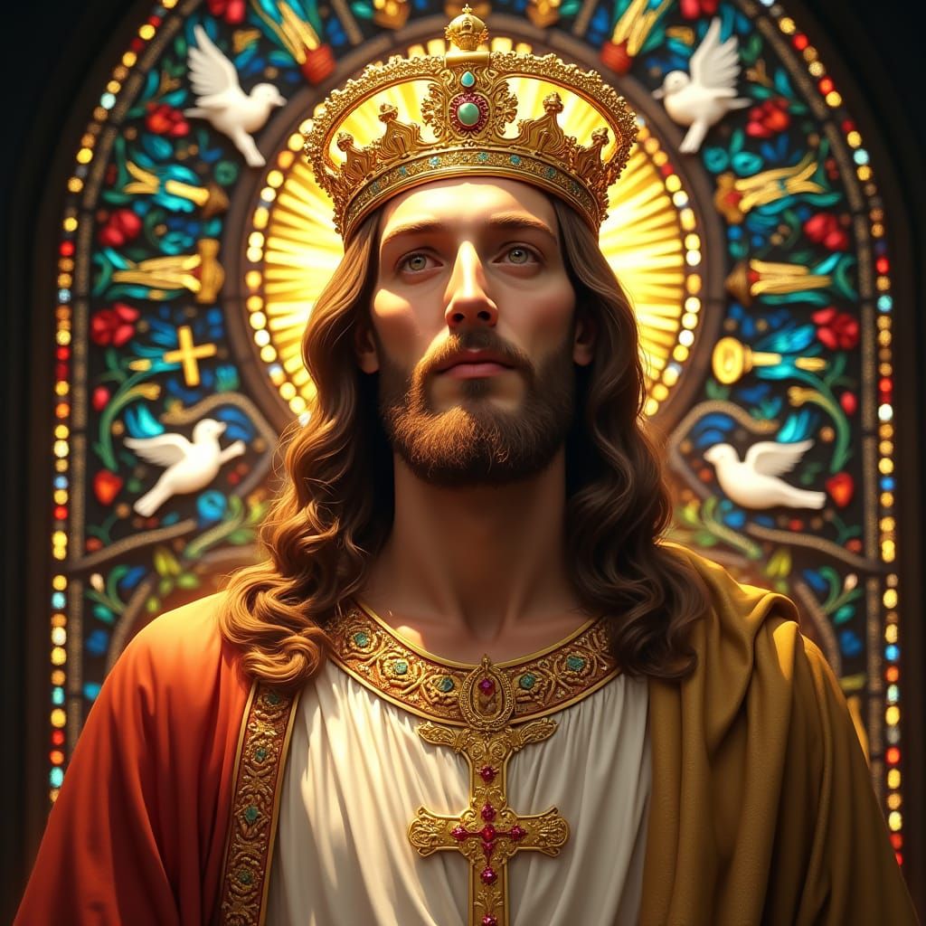 Jesus Christ in Golden Crown with Stained Glass