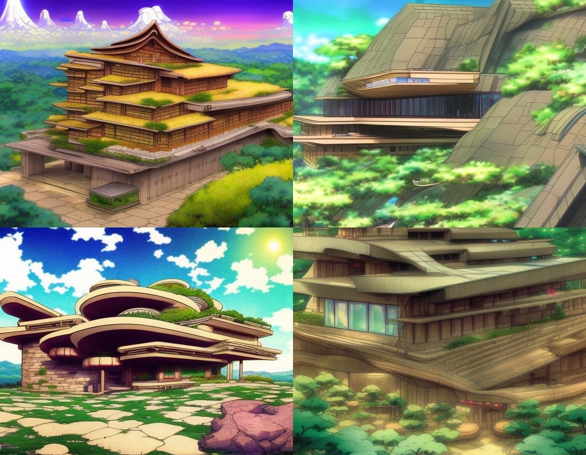 Anime-Style Earthship House Inspired by Frank Lloyd Wright