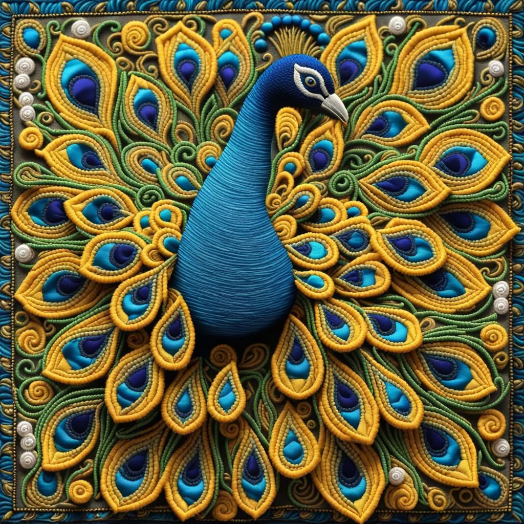 Peacock in Madhubani Style with 3D Embroidery