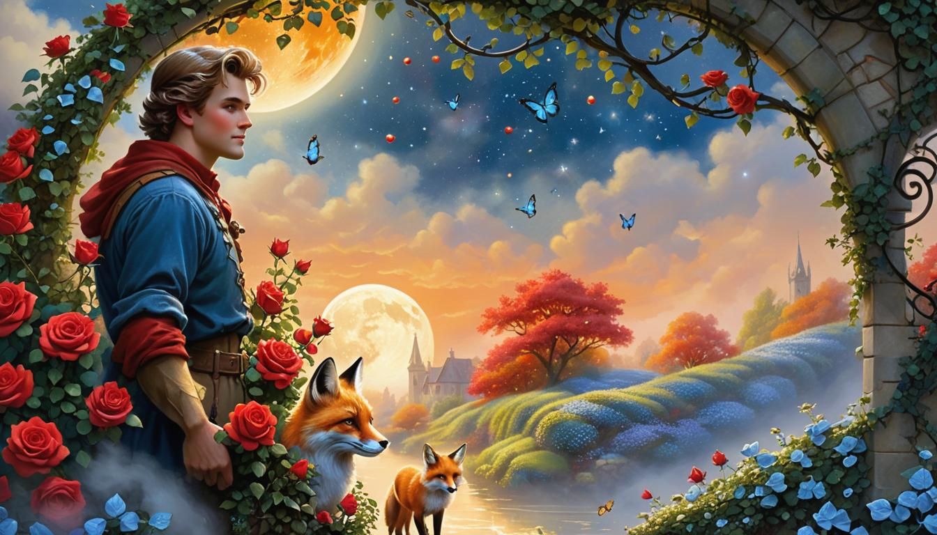 Elven Man and Fox in Rose Garden, Ethereal Fantasy