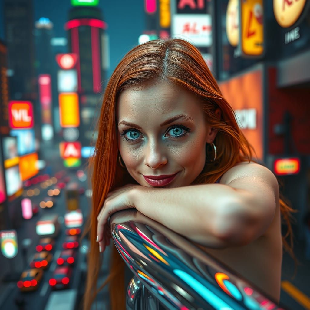 Cyberpunk Cityscape with a Fiery Redhead