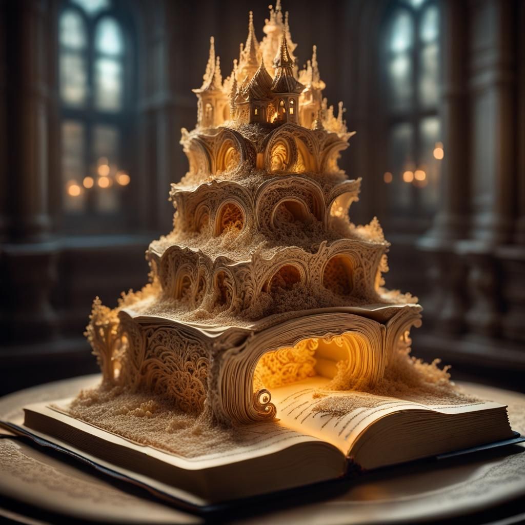 Golden Wedding Cake Diorama in Book, Photorealistic