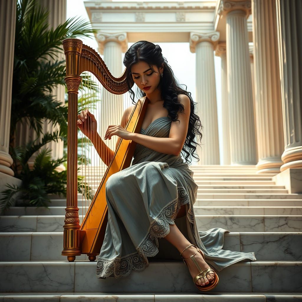 Ancient Greek Goddess Plays Harp in Temple Sanctuary