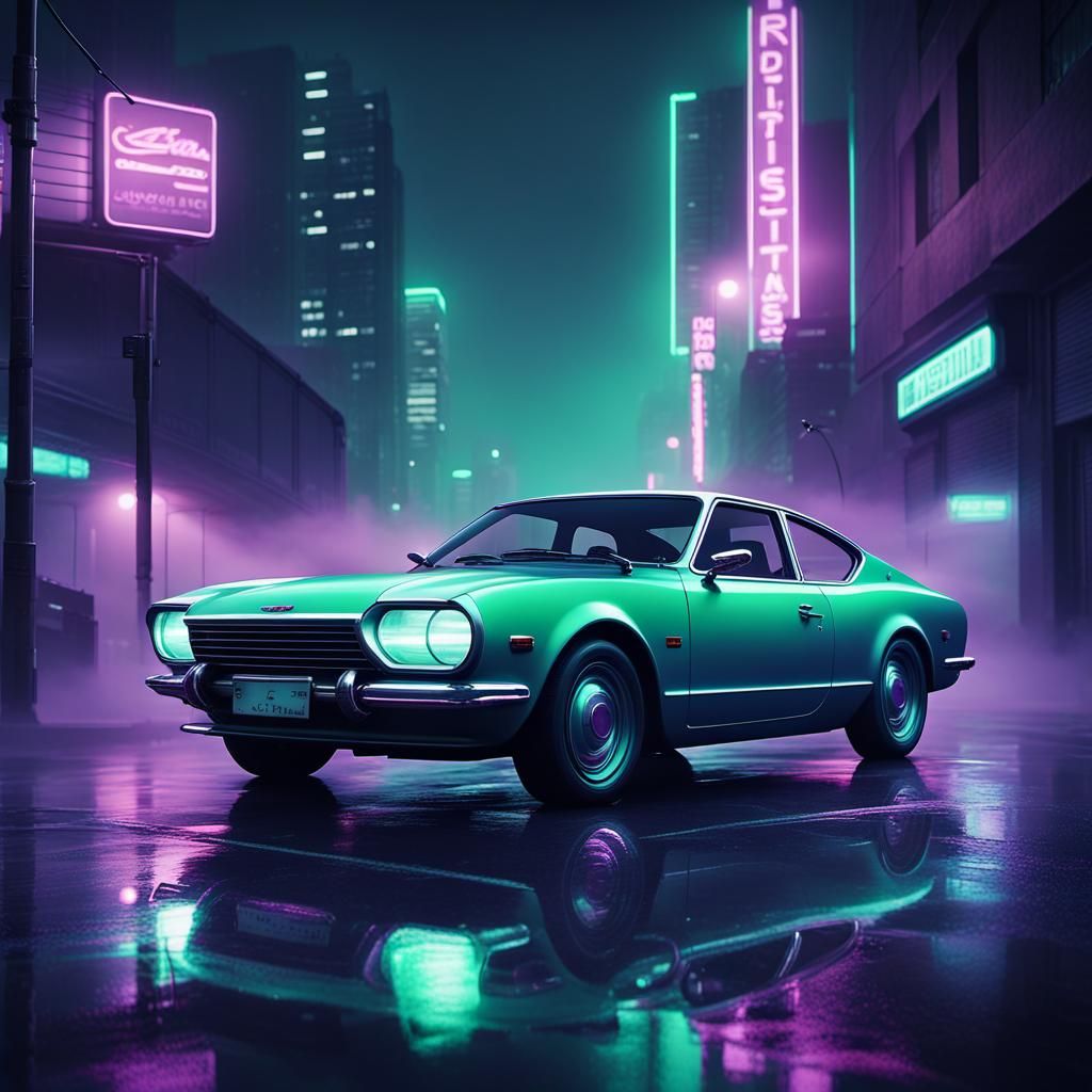 Retro-Futuristic Datsun 810 on Foggy City Street