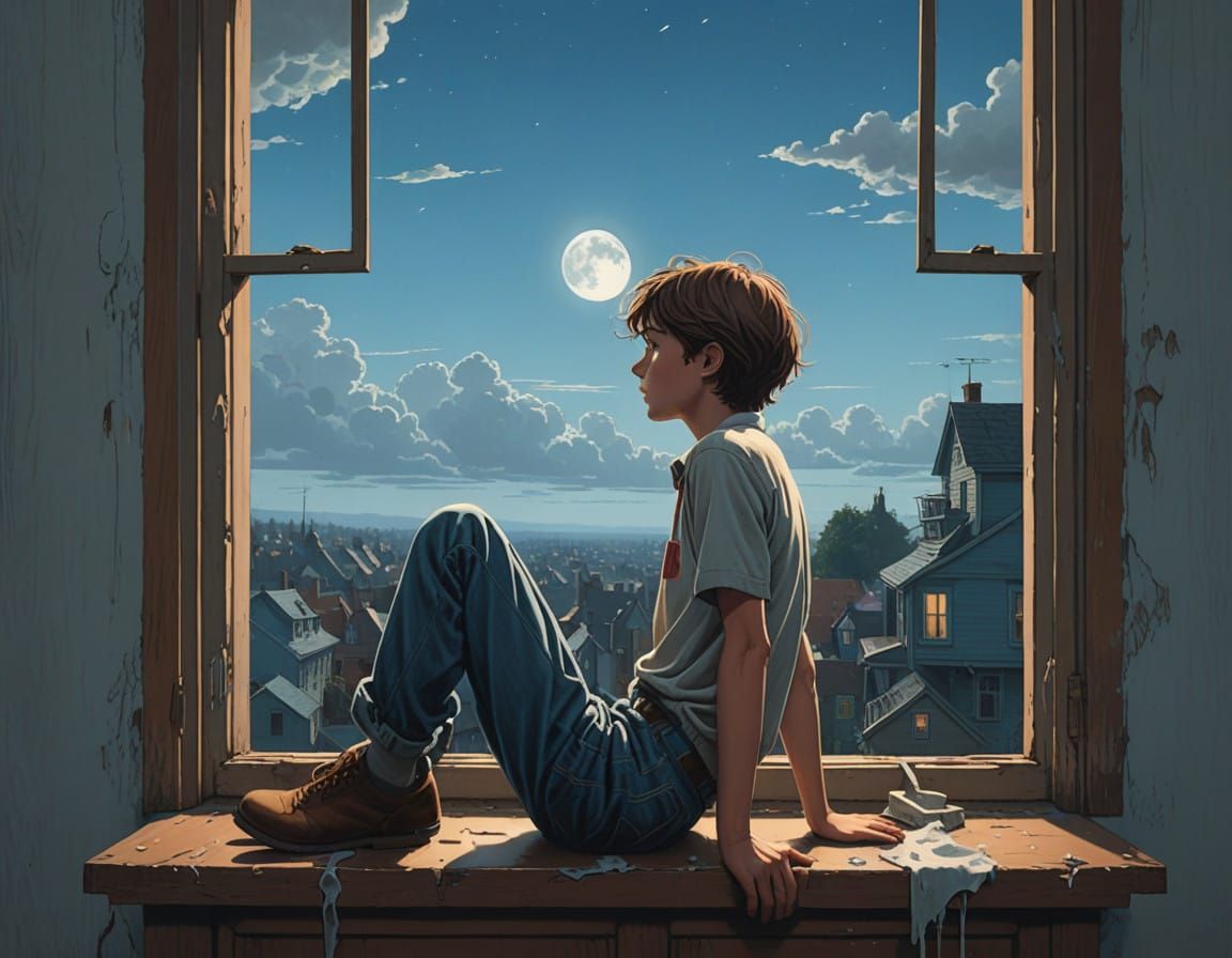 Boy Gazing Out at a Dreamlike Moonlit Landscape