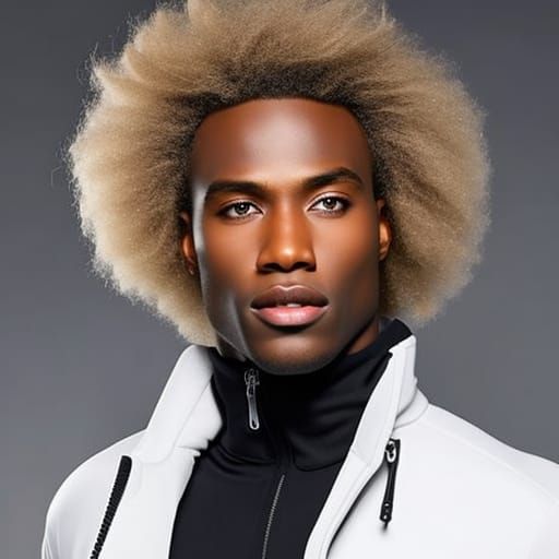 Beautiful  Black man, long curly blonde windswept hair, arctic white Bogner ski jacket with high collar, striking clear ...