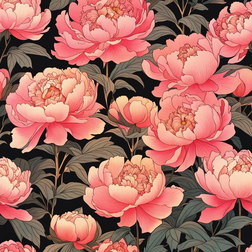 Ukiyo-e pink peonies