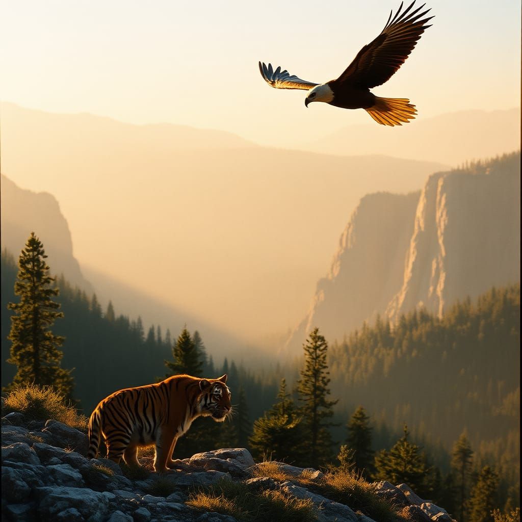 Tiger and Eagle in Mountain Landscape, Cinematic Style