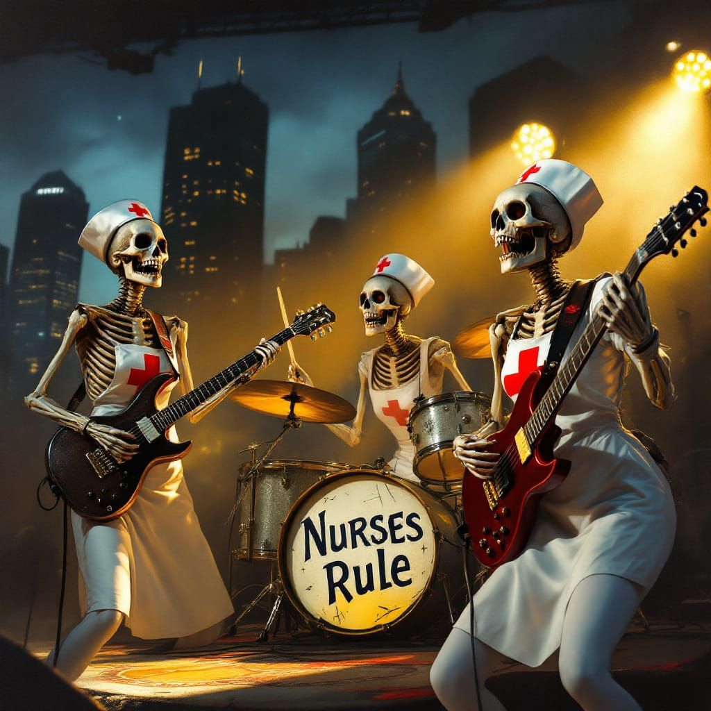 Skeleton Nurse Rock Band Performance, Digital Painting