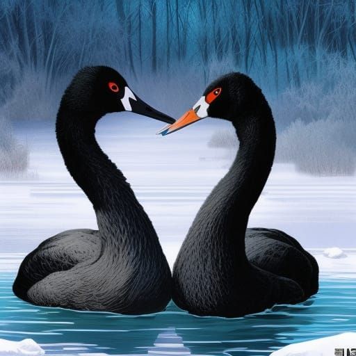 Elegant Black Swans on Snowy Lake Shore