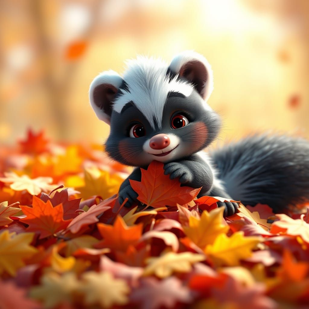 Cute Baby Skunk Plays in Autumn Leaves