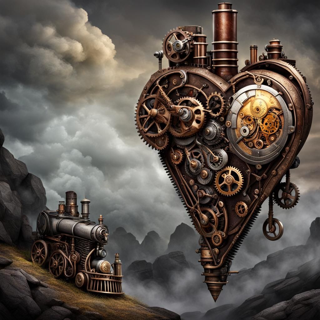 Steampunk Engine Inside a Stone Heart