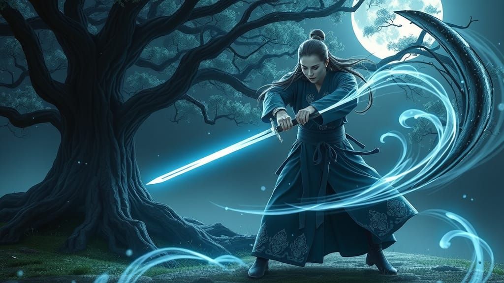 Moonlit Warrior Goddess in Serene Glade with Soft Blue Light