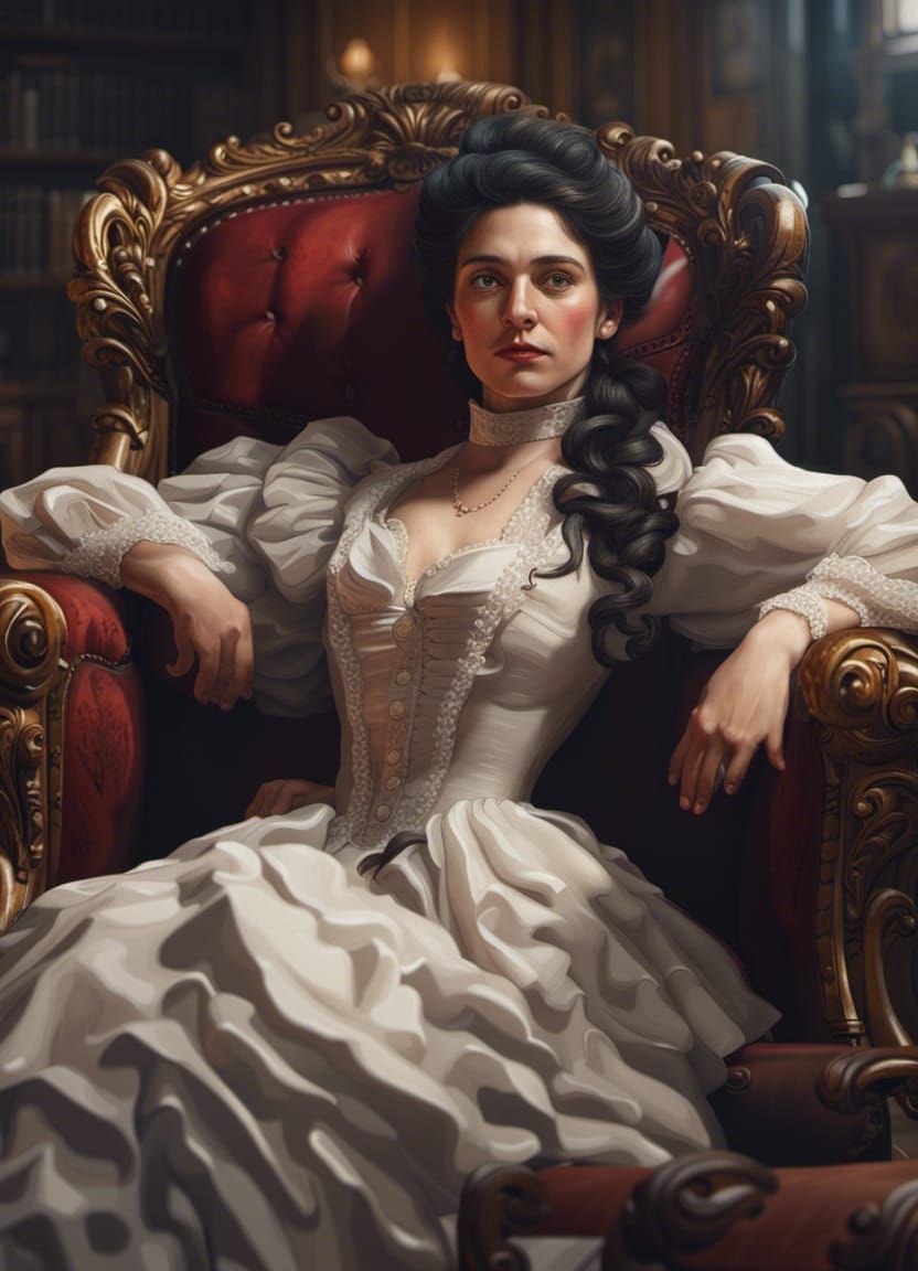 Victorian Woman in Chair: 3D Game Cinematic Oil Painting