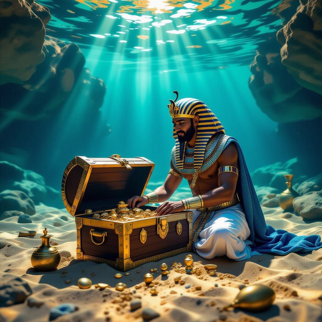 Pharaoh Rummages Through Ancient Treasure Chest Underwater