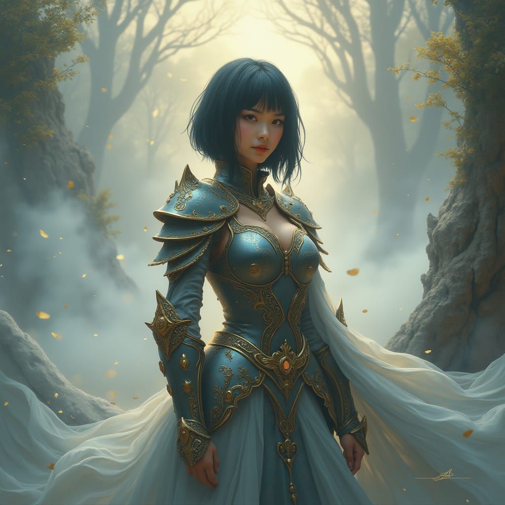 Armored Woman in Ethereal Fantasy Landscape