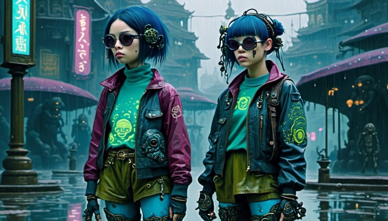 Cyberpunk Girl in Rainy Neon Cityscape, Junji Ito Style