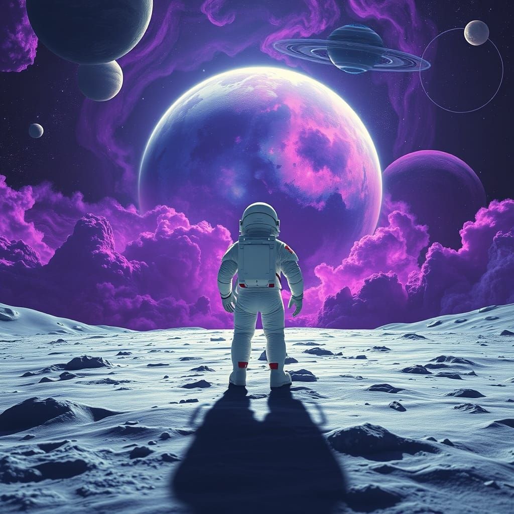 Astronaut Gazing Up at Vibrant Solar System Backdrop