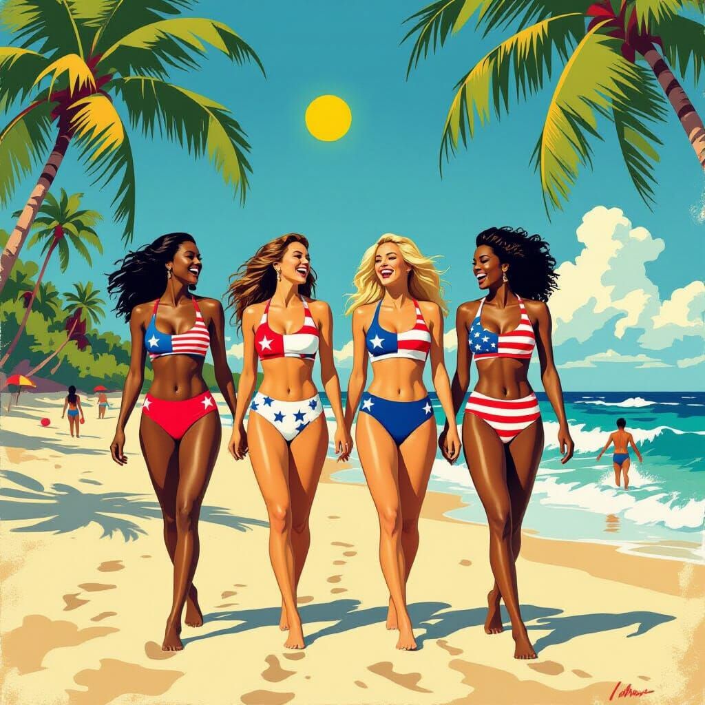 Diverse Women in Flag Swimsuits on Beach, Vintage Pulp Art S...