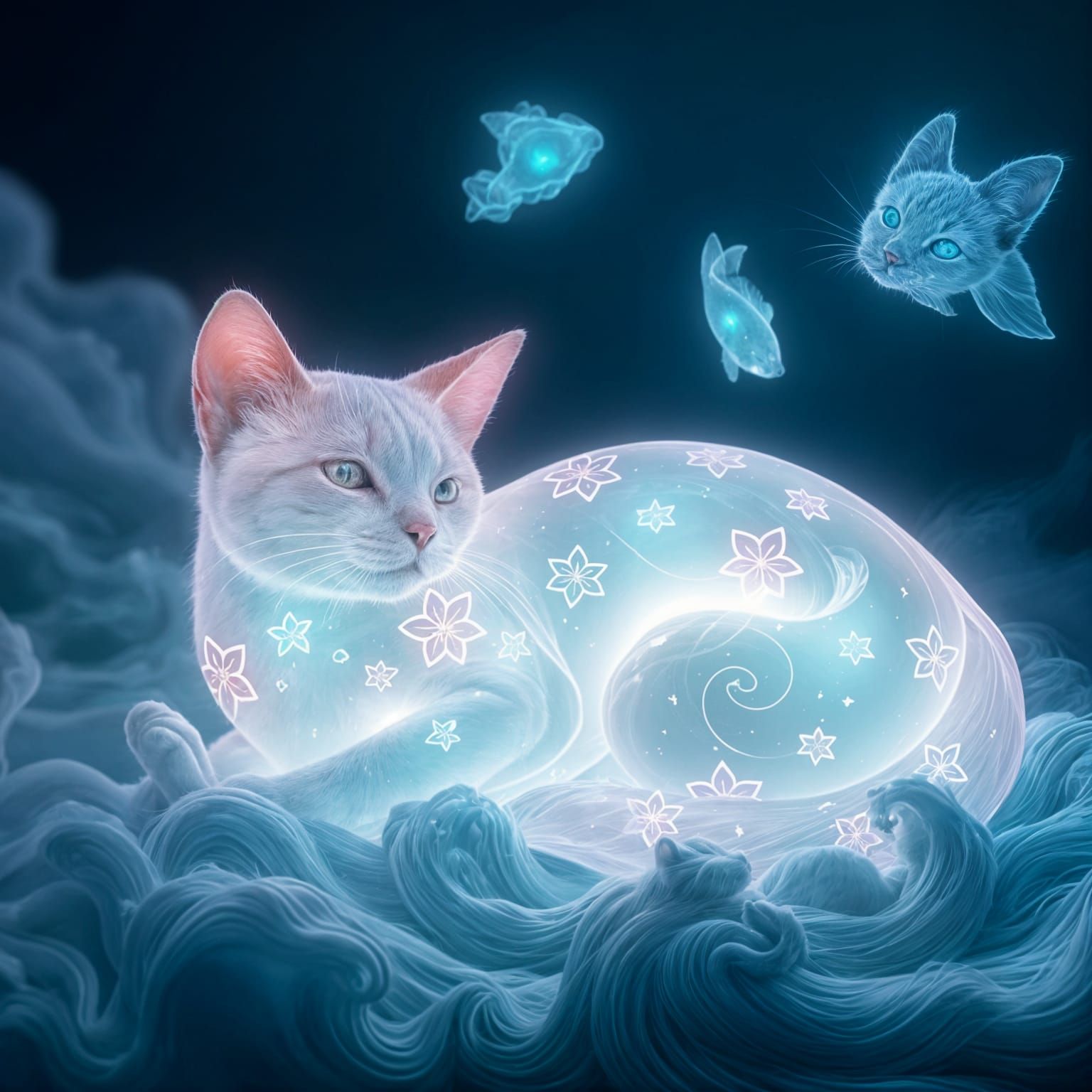 Dreamlike Glowing Cat in Underwater Scene