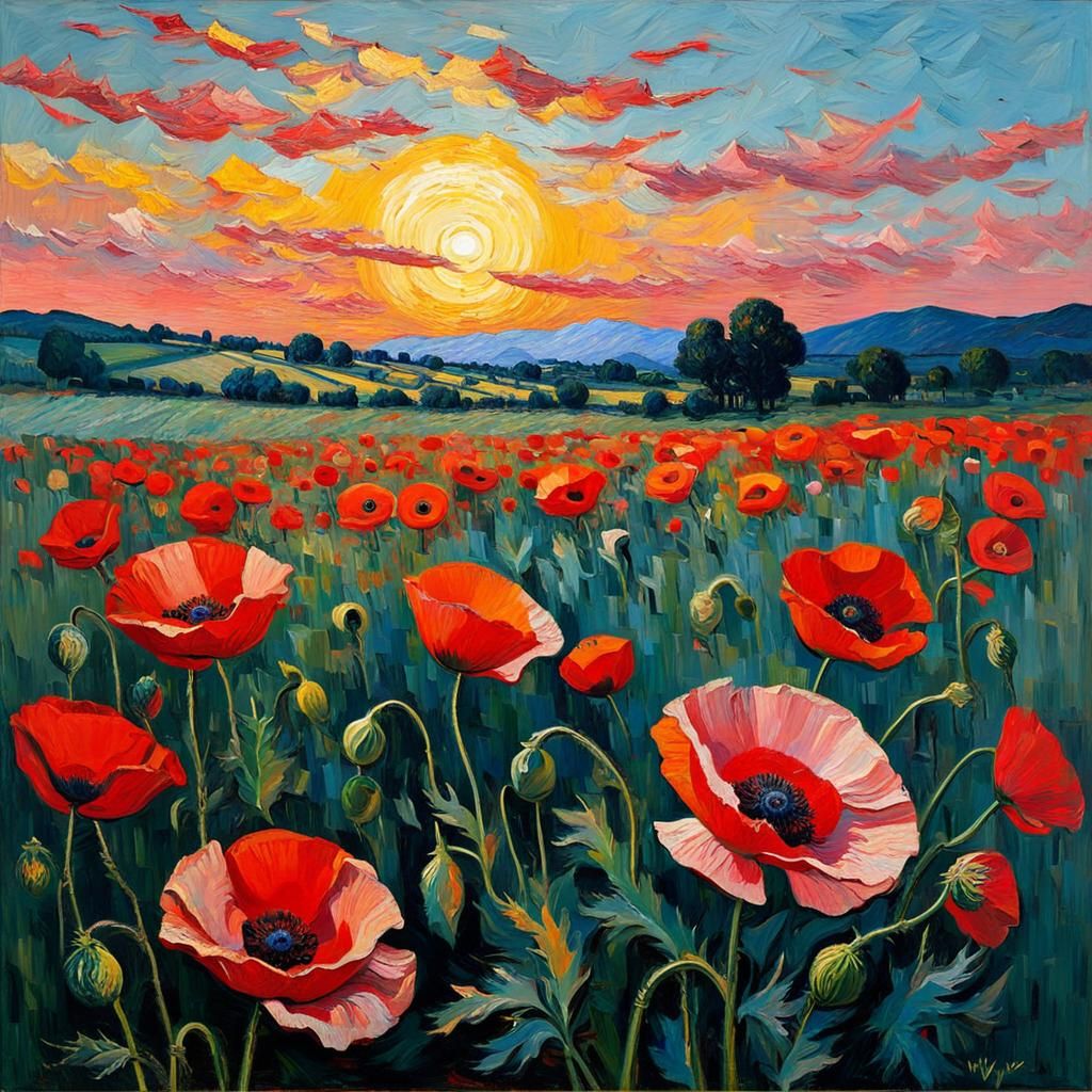 Vibrant Poppies in Soft Pink Evening Glow, in Impasto Style