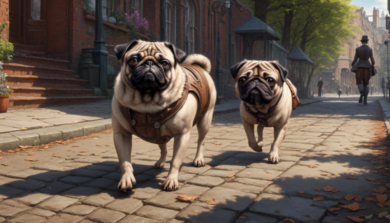 Pug Walks on Victorian Street, Realistic Style