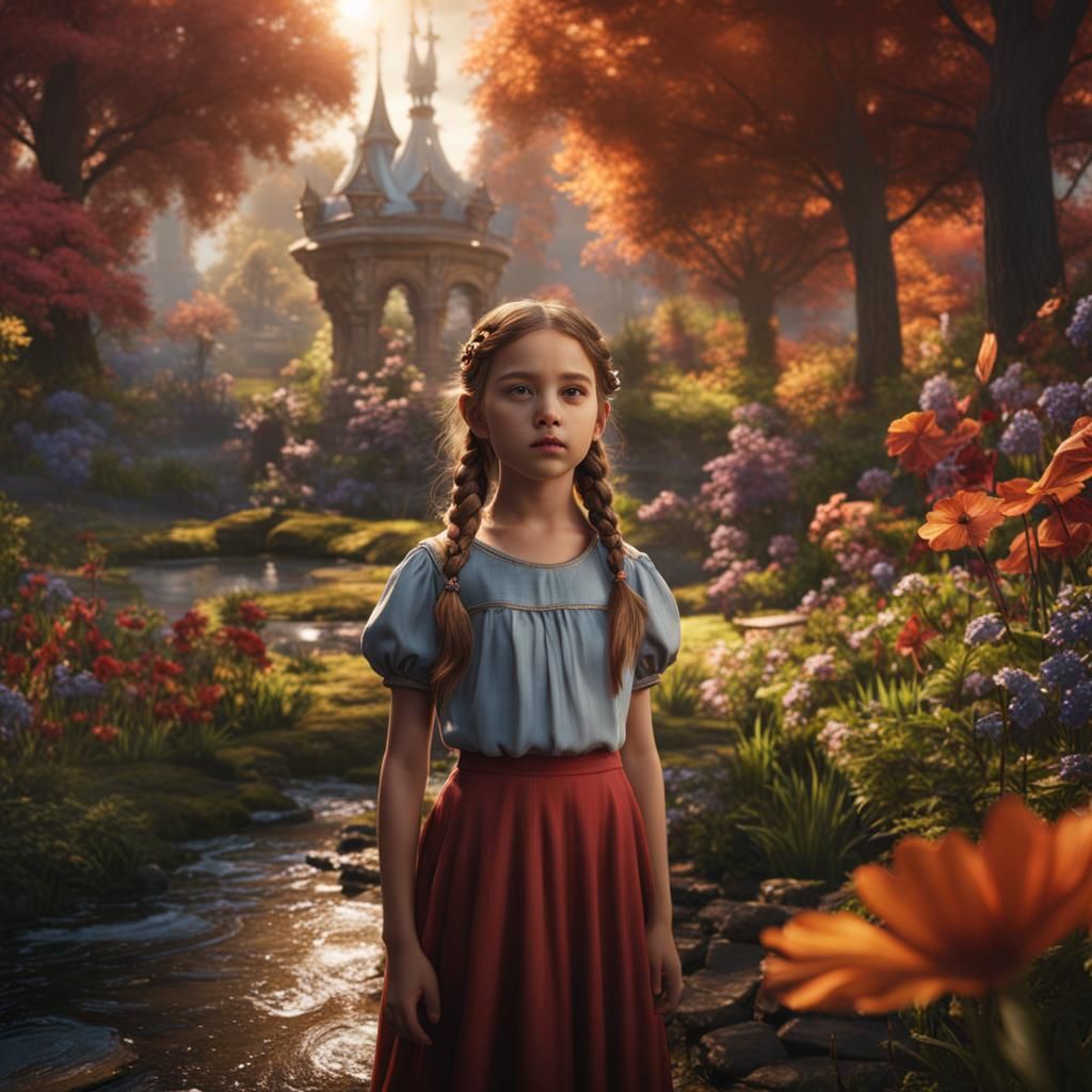 Young Girl's Fantastical Park Adventure in Matte Painting