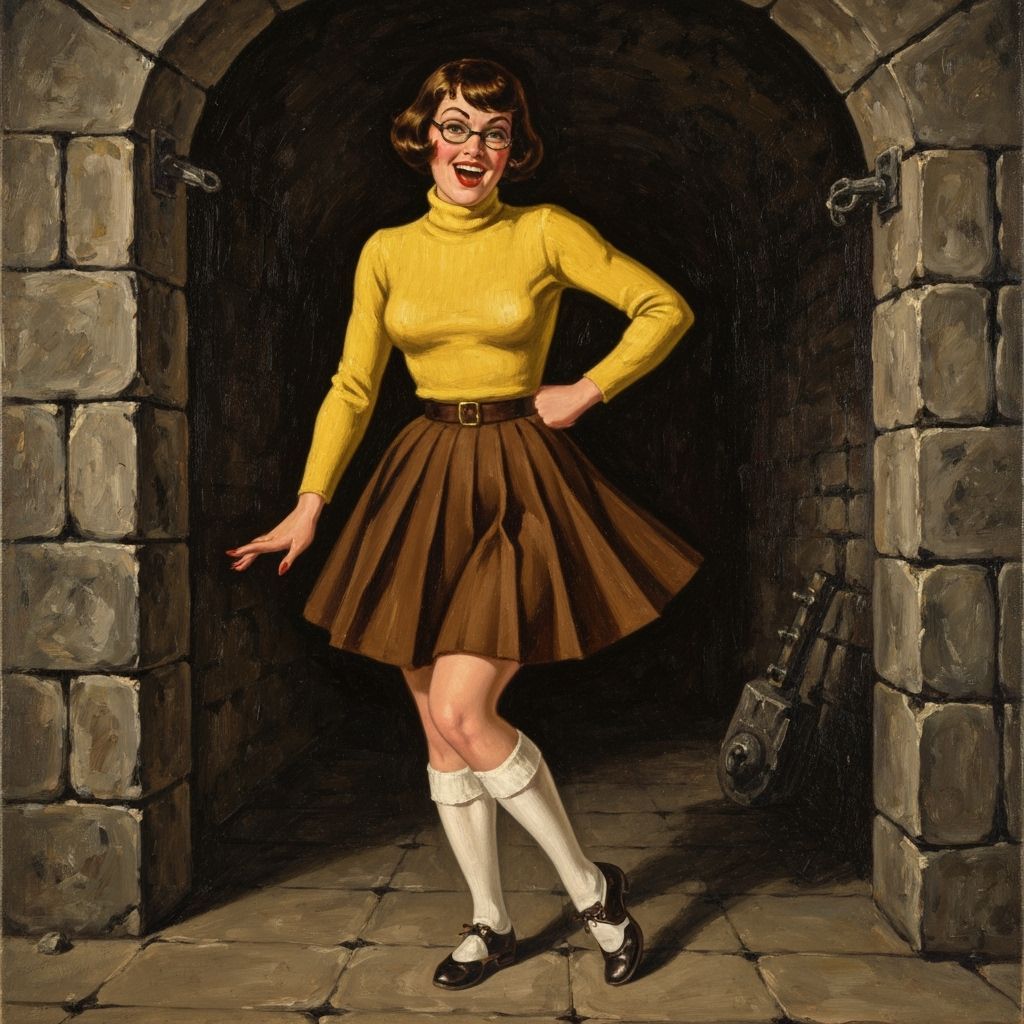 Playful Pin-Up Girl in Dungeon, Oil Painting