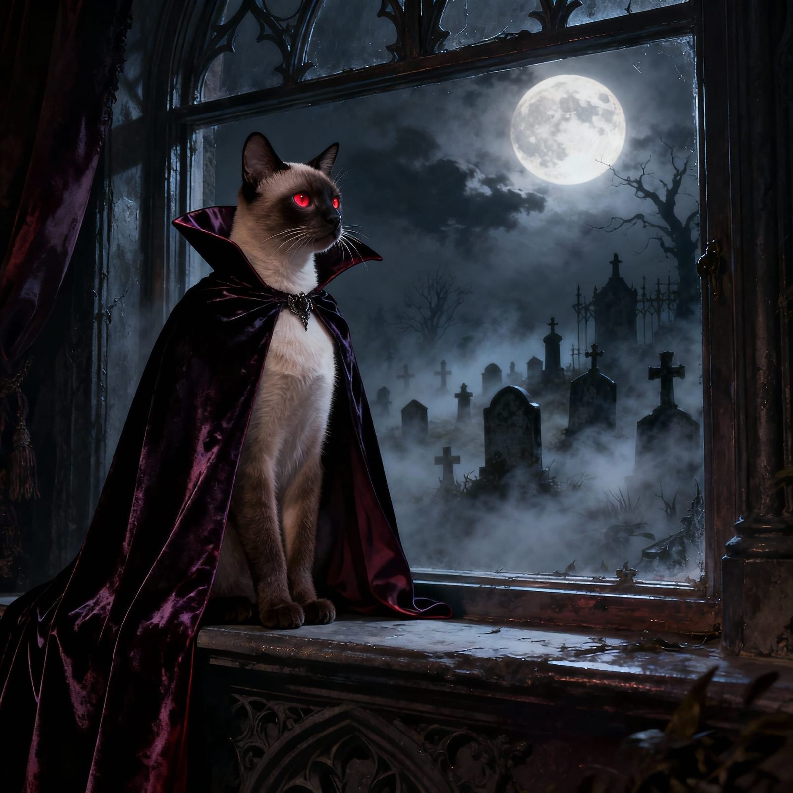 Regal Siamese Vampire Cat on Gothic Windowsill