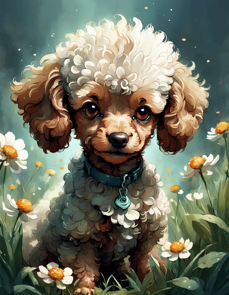 Adorable Poodle Puppy in Spring, Digital Art
