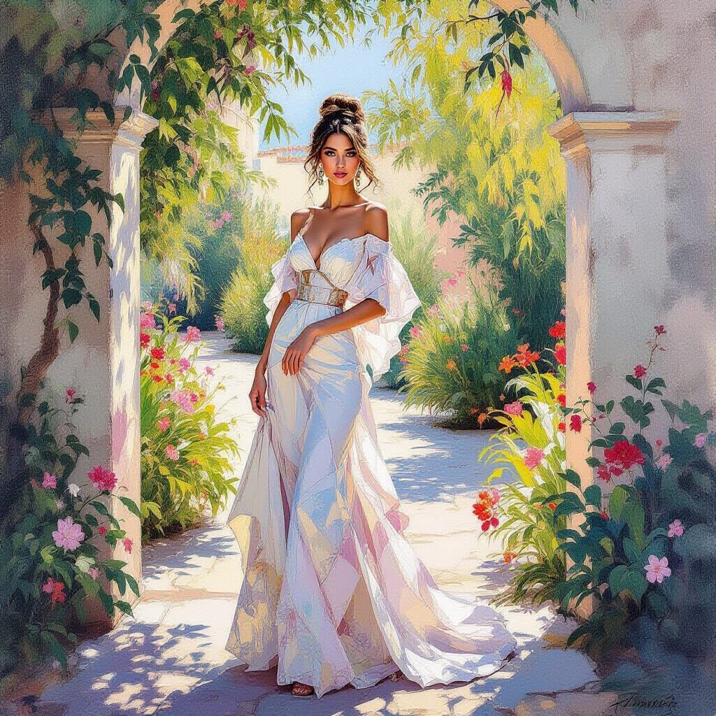 Elegant Woman in Gouache Style with Watercolor Elements