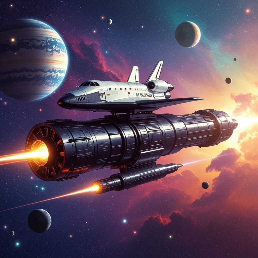 Giant Gatling Gun in Space, Retro-Futuristic Style