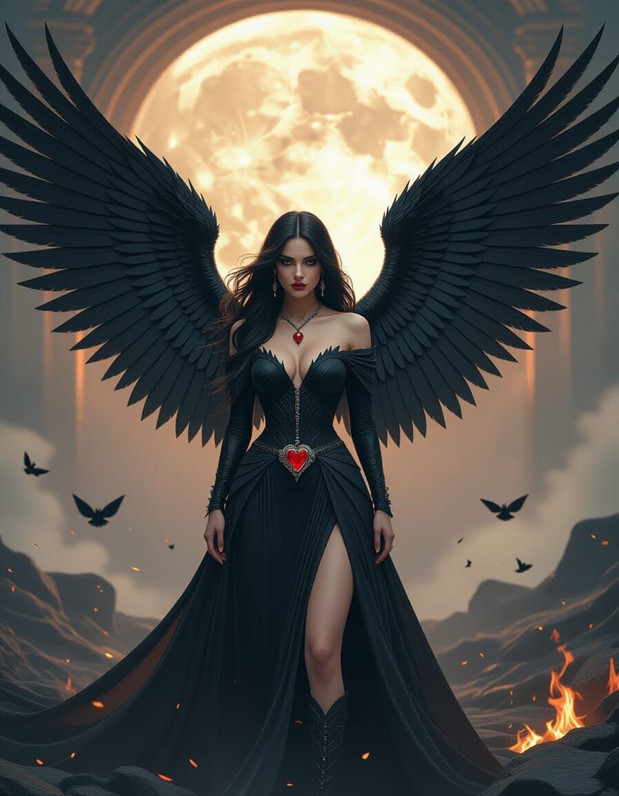 Gothic Goddess with Black Wings and Cosmic Universe