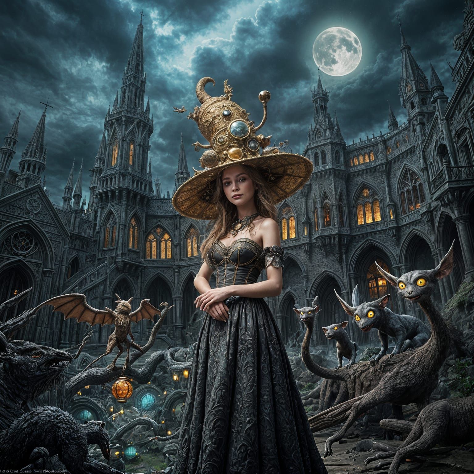 Whimsical Surreal Medieval Fantasy Artwork in Dark Cyberpunk...