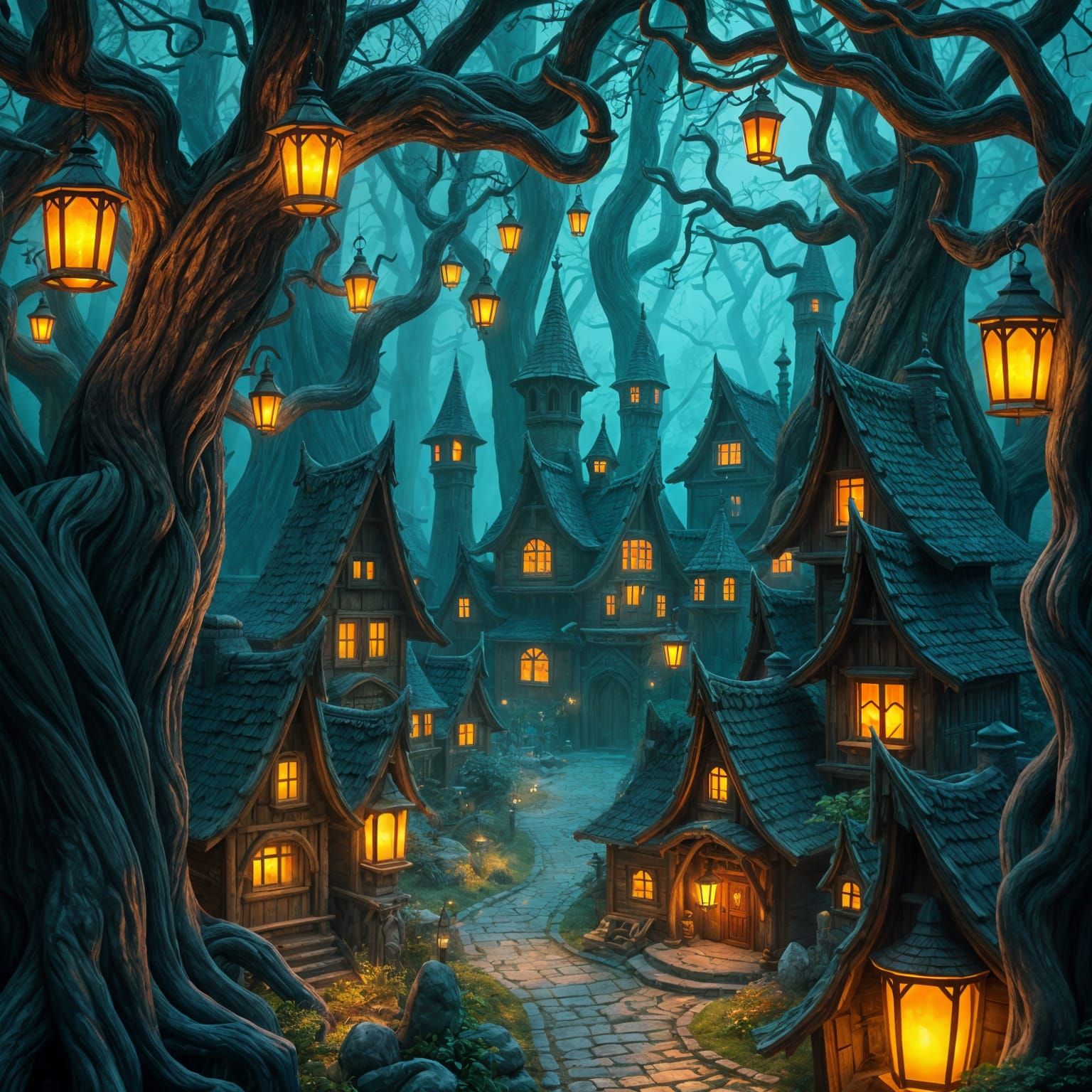Enchanted Forest Village with Glowing Lanterns