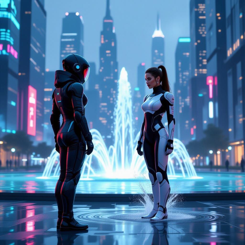 Futuristic Fountain Scene in Cyberpunk Style