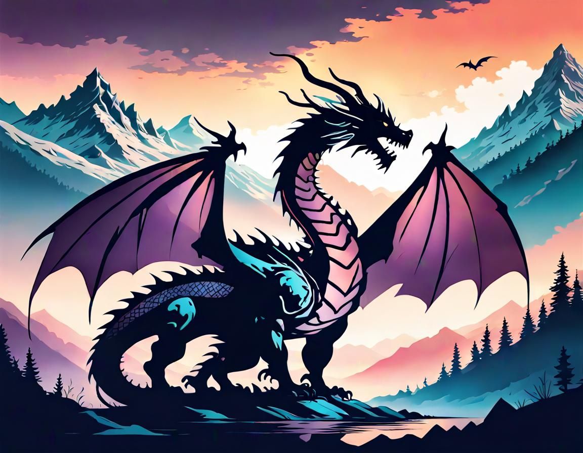 Dragon Silhouette Double Exposure Mountain Art