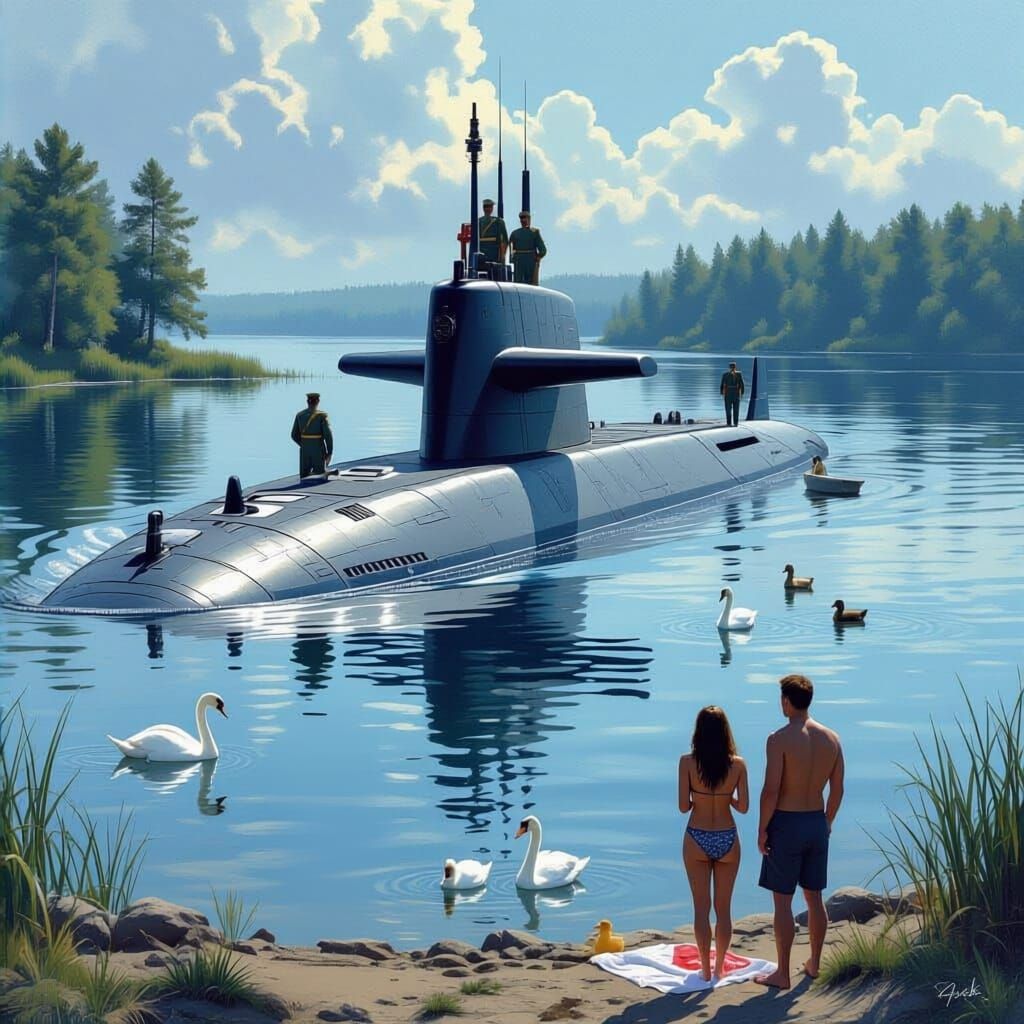 Surfaced Submarine on Lake with Swans and Divers