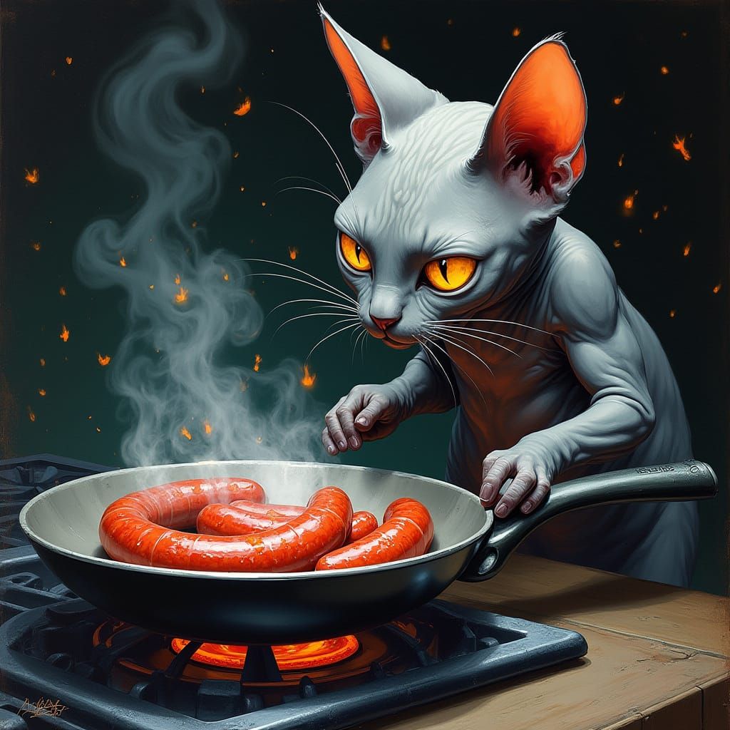Gray Sphinx Cat Cooks Sausages in a Frying Pan