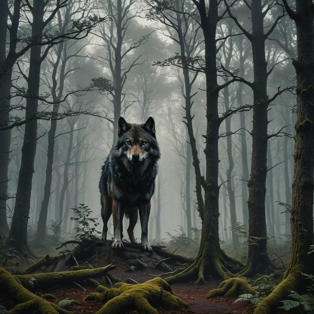 Gloomy Forest with Wolf: Detailed Matte Painting