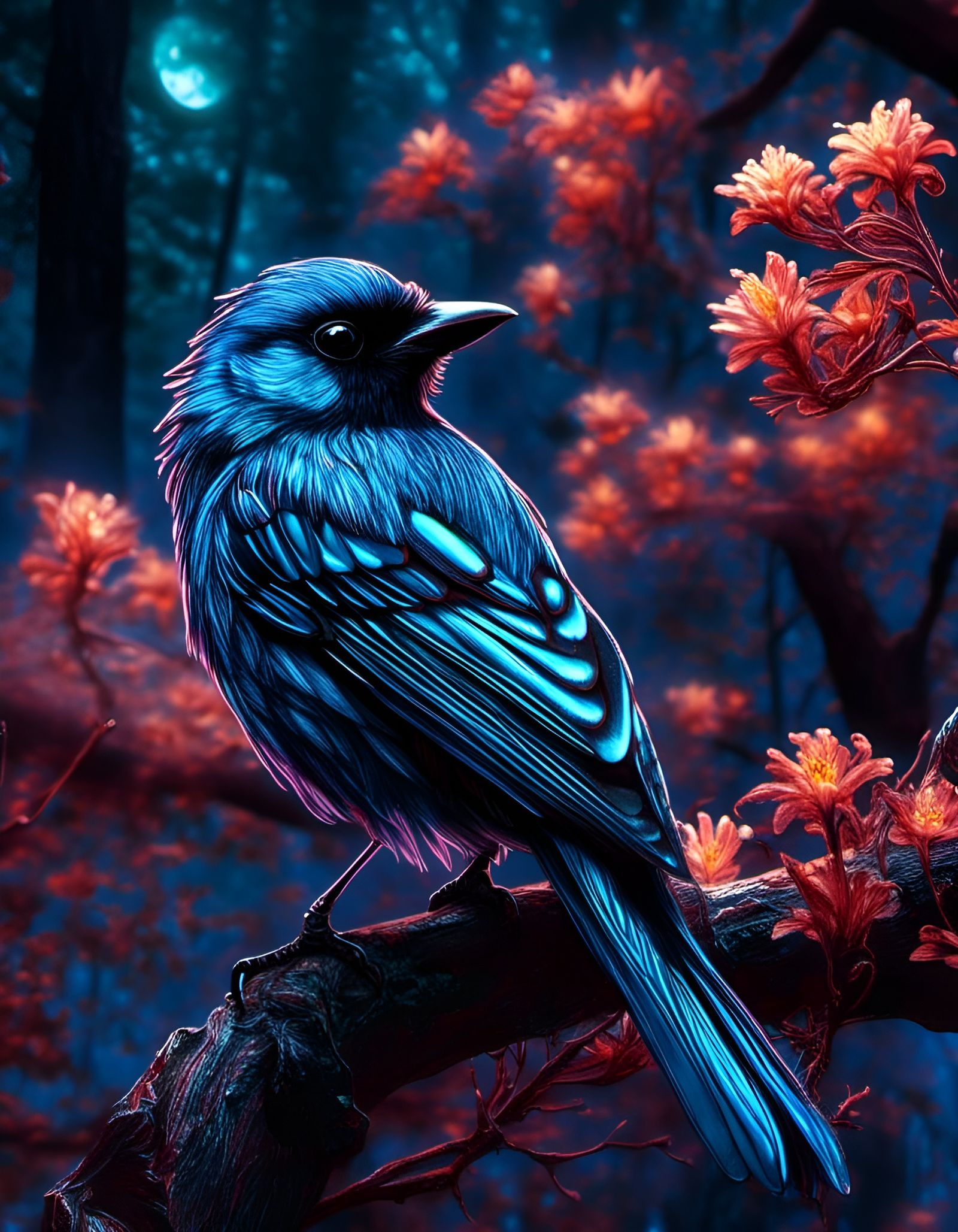 Bioluminescent Magpie in Elven Palace, Digital Illustration