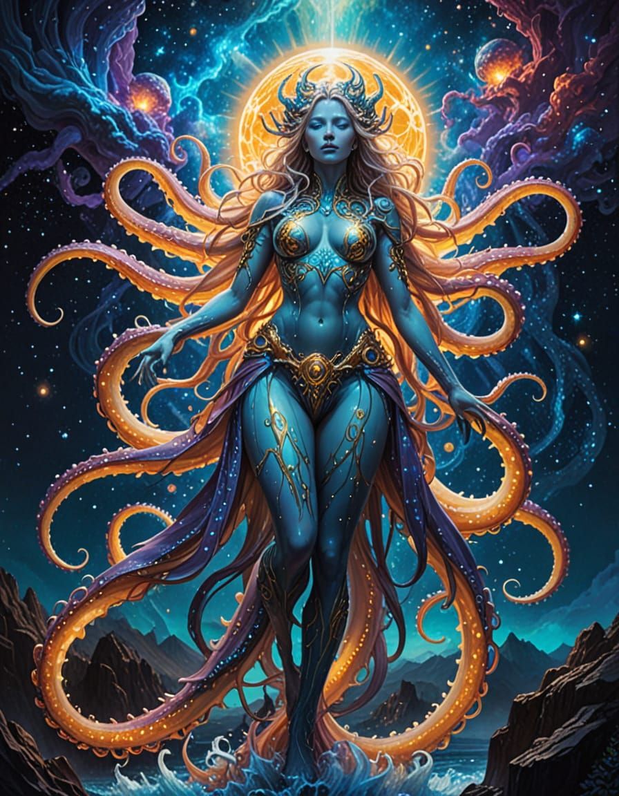 Solar Tentacled Titan in Cosmic Ocean Oil Painting